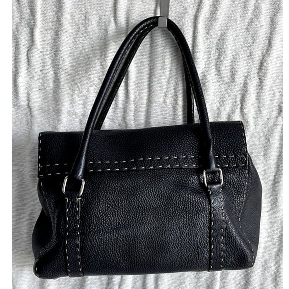 Fendi Selleria Linda Med. Satchel in Black Pebble Grain Leather w/Running Stitch - Picture 9 of 11